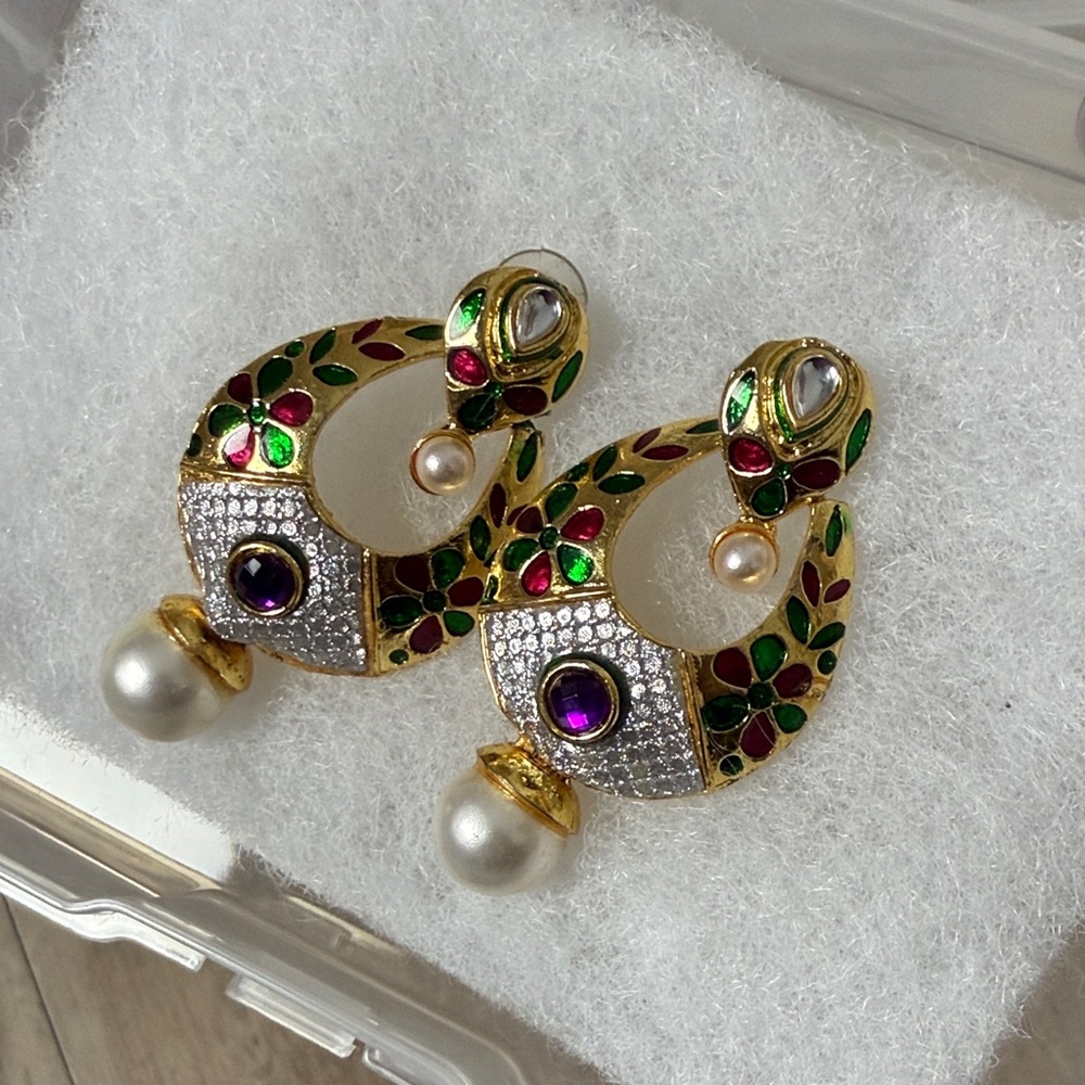 Gold Enamel Statement Earrings – Multicolor Kundan & Pearl Drops